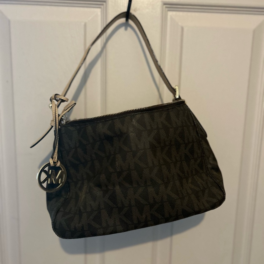 Michael Kors Dark Brown MK Logo Shoulder Bag with Gold Charm